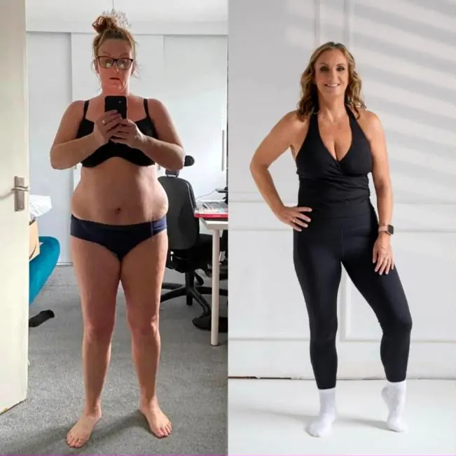 Before and after photos of Mo, a StrongHer client, who has built visible muscle since starting strength training at 58