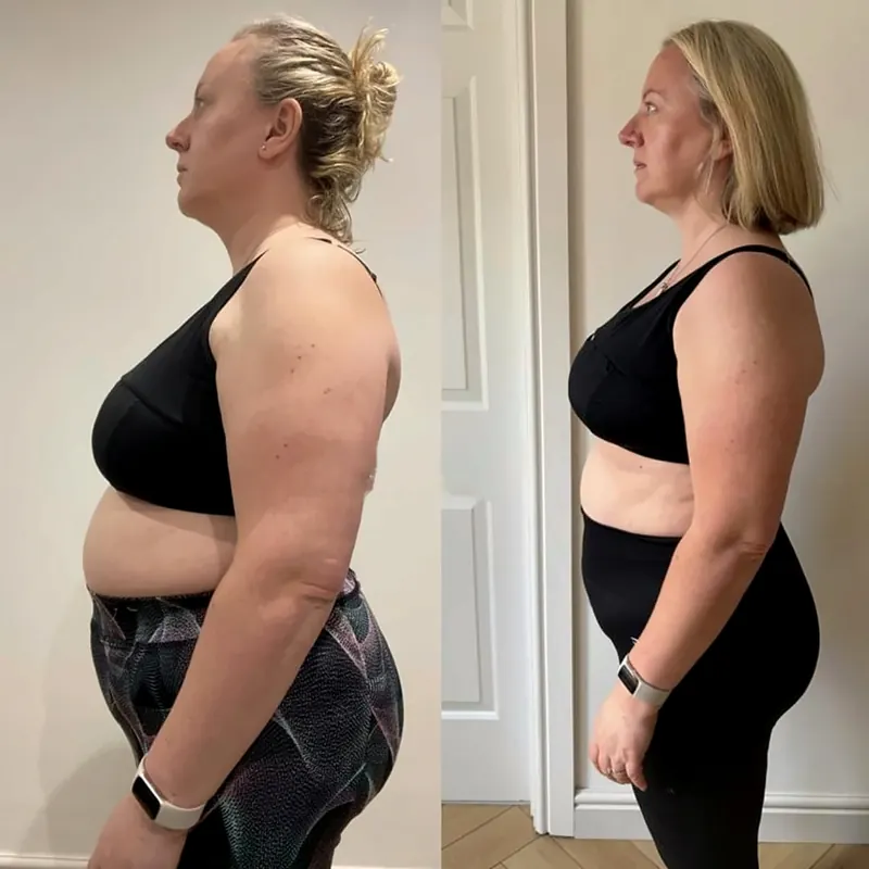 Side-profile before and after photos of a StrongHer Coaching client, before on the left and after on the right
