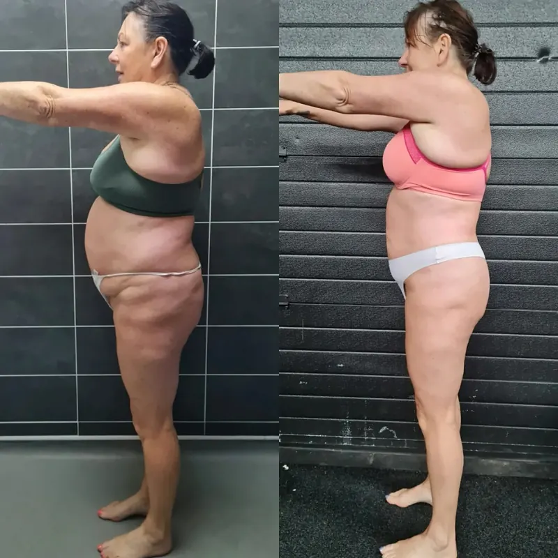 Side-profile before and after photos of a StrongHer Coaching client, before on the left and after on the right