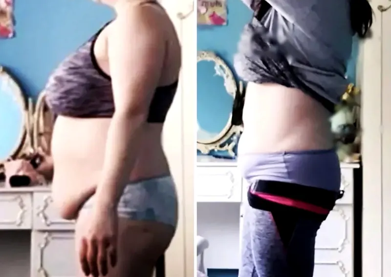 Side-profile before and after photos of a StrongHer Coaching client, before on the left and after on the right